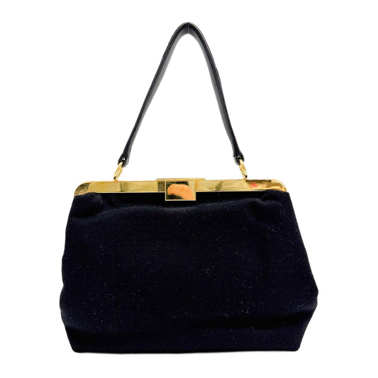 Gold Frame Black Wool Shoulder Bag