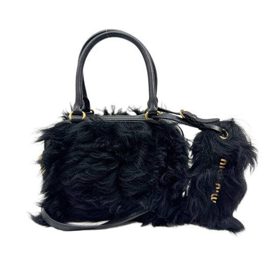 Zipped Top Black Shearling Two-Way Bag