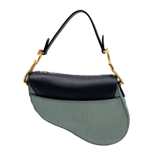 Mini Saddle Embroidered Flap Green Python Embossed Leather Shoulder Bag