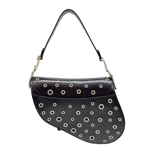 Saddle Grommet Embellished Black Leather Two Way Shoulder Bag