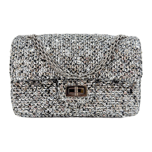 Mini 2.55 2020 Matelasse Silver & Black Sequined Tweed Shoulder Bag