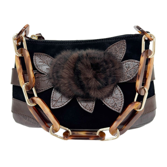 Fur Rose Embellished Black Suede Shoulder Bag