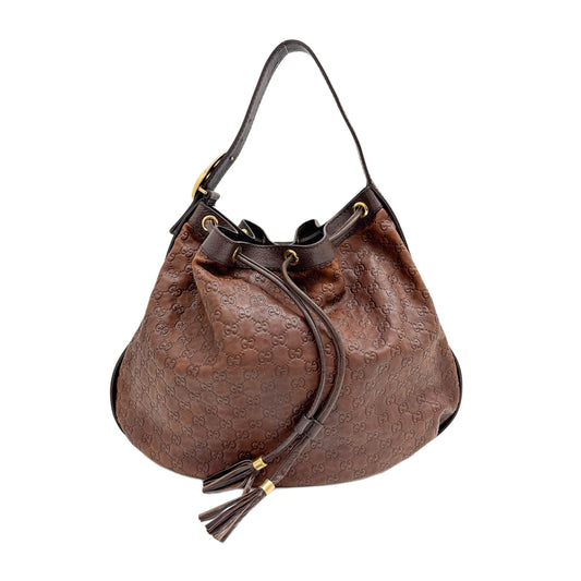 Guccissima Drawstring Brown Embossed Leather Hobo Bag