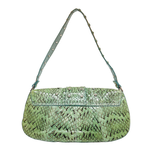 DG Amore Rhinestone Embellished Green Python Embossed Leather Shoulder Bag