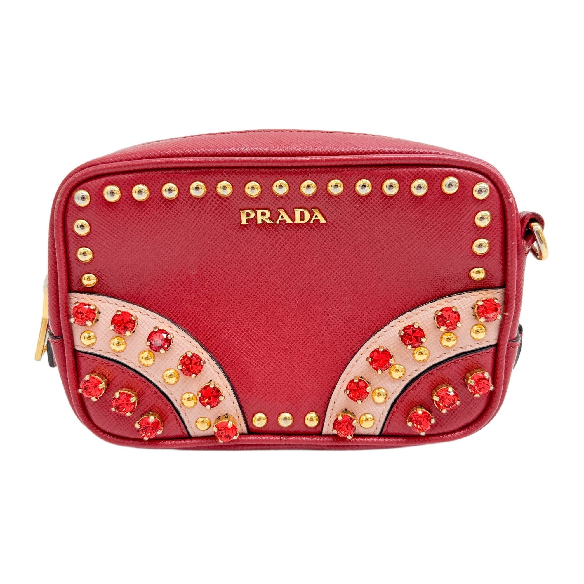 Mini Saffiano Vernice Red Embellished Camera Bag
