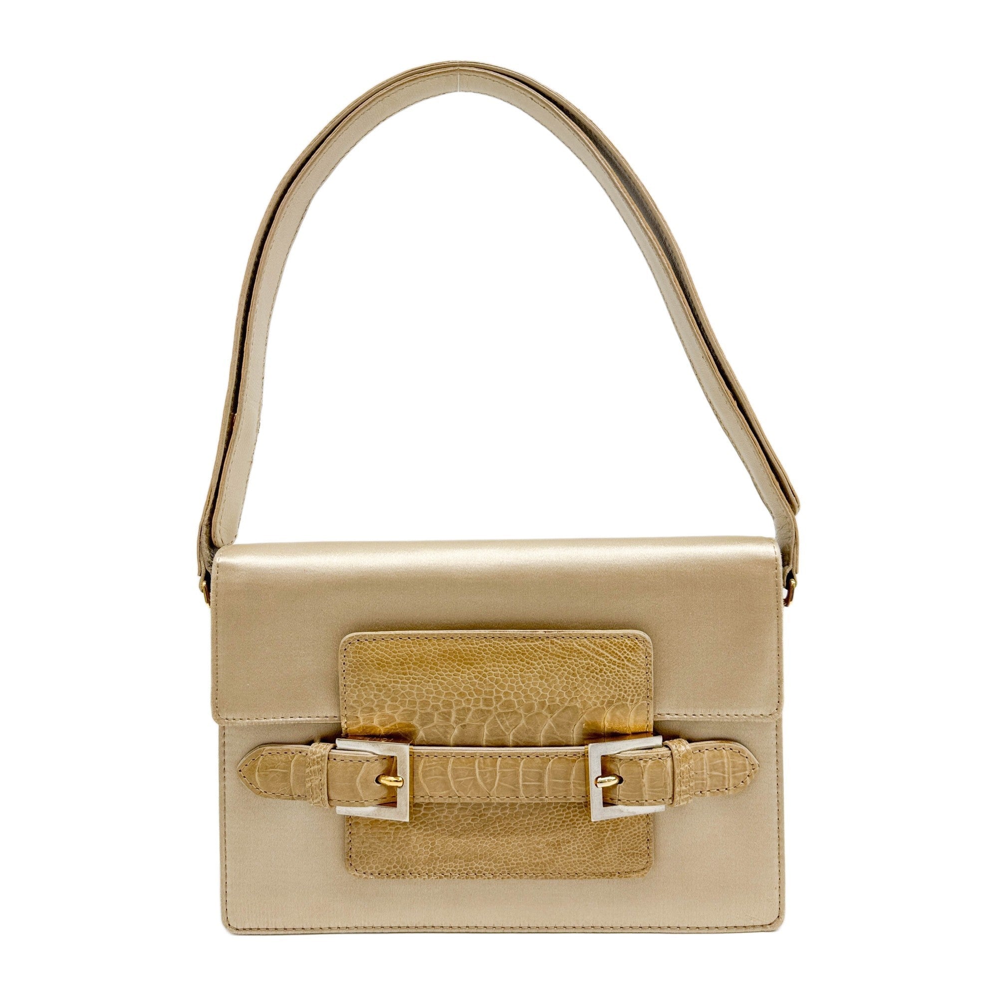 Crocodile Leather Detail Beige Satin Shoulder Bag