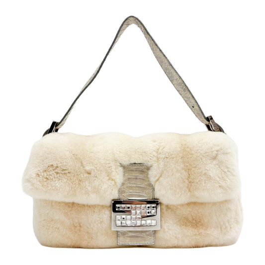 Baguette Pearl White Rabbit Fur with Python Embossed Leather Shoulder Bag