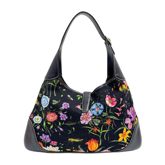 Jackie Black Floral Canvas Shoulder Bag