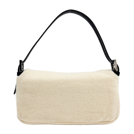 Baguette Cream White Knit Wool Shoulder Bag