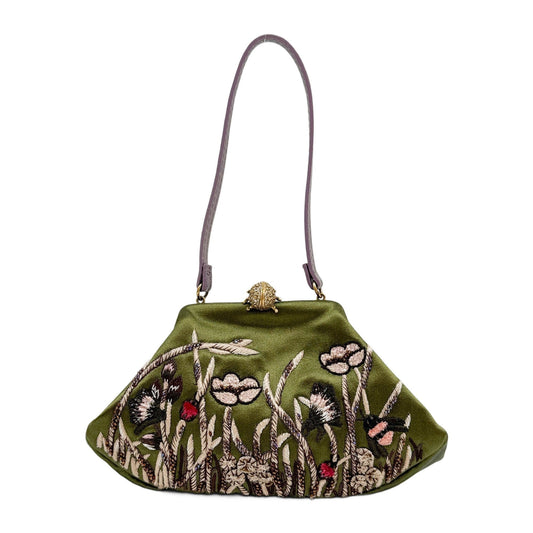 Olive Green Floral Embroidered Satin Hand Bag