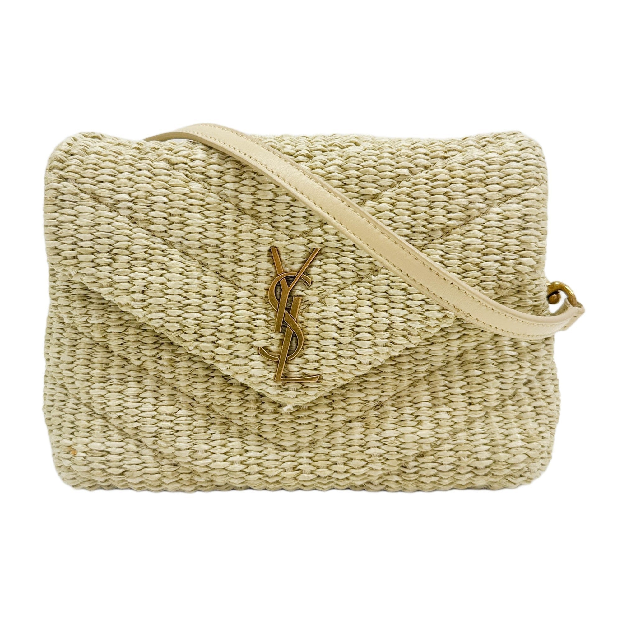 Loulou Beige Quilted Chevron Raffia Shoulder Bag