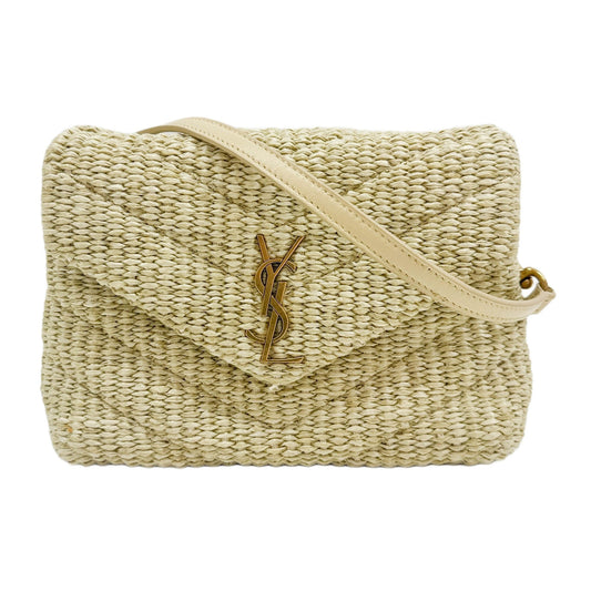 Loulou Beige Quilted Chevron Raffia Shoulder Bag