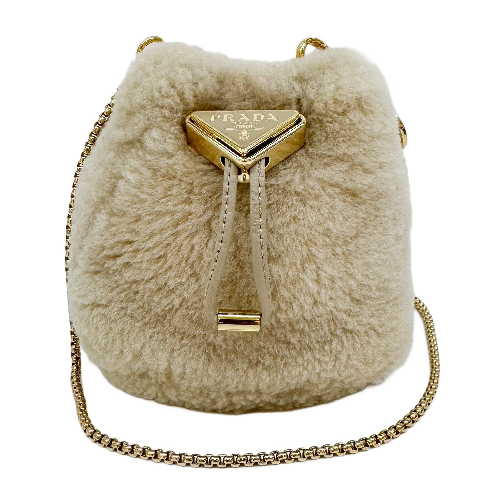 Beige Wool with Gold Chain Strap Shoulder Bag