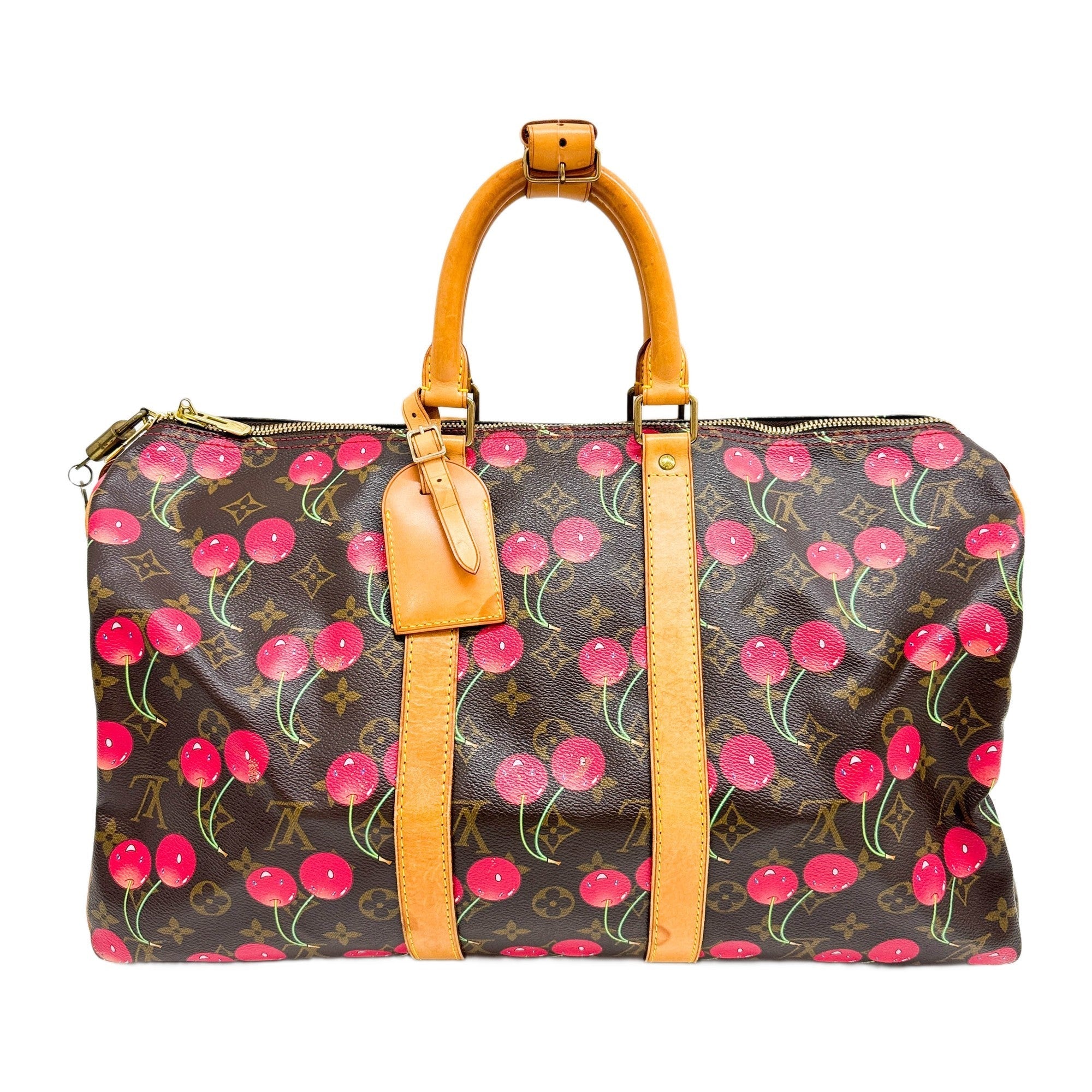 LV x TM Keepall 45 Holdall Brown Monogram and Cherry Print Handle Bag