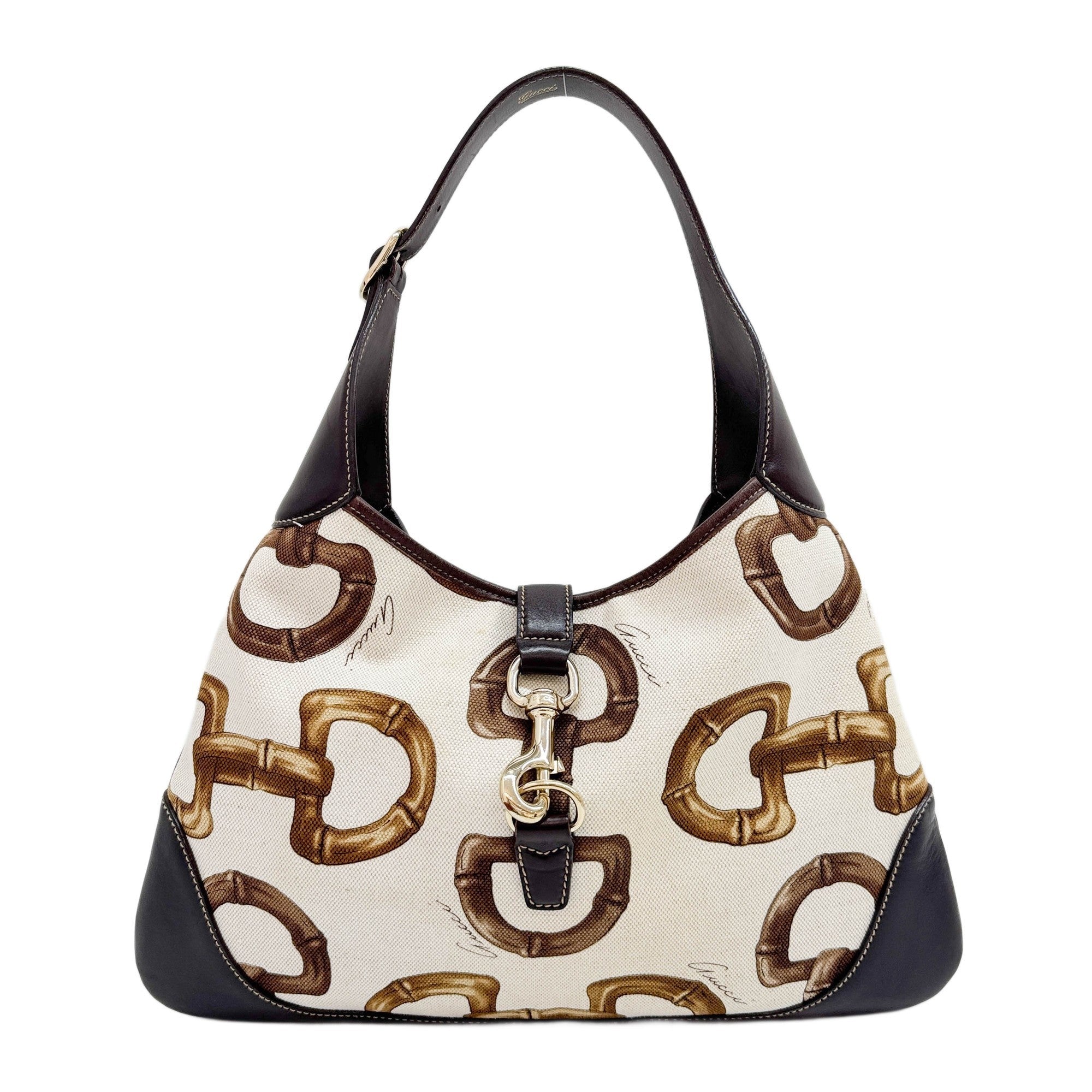 Jackie Beige Bamboo Horsebit Print Canvas Shoulder Bag