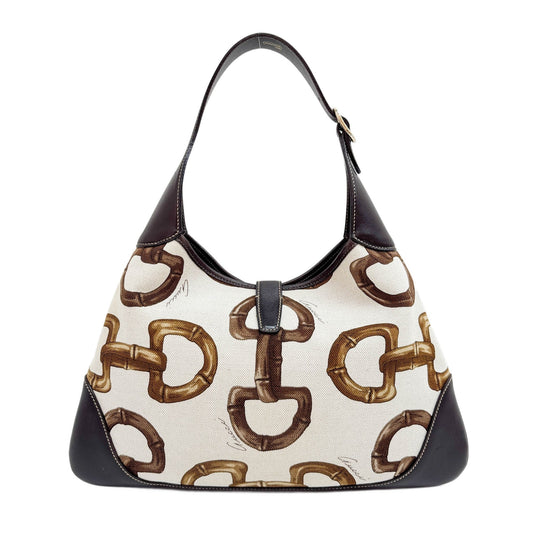 Jackie Beige Bamboo Horsebit Print Canvas Shoulder Bag