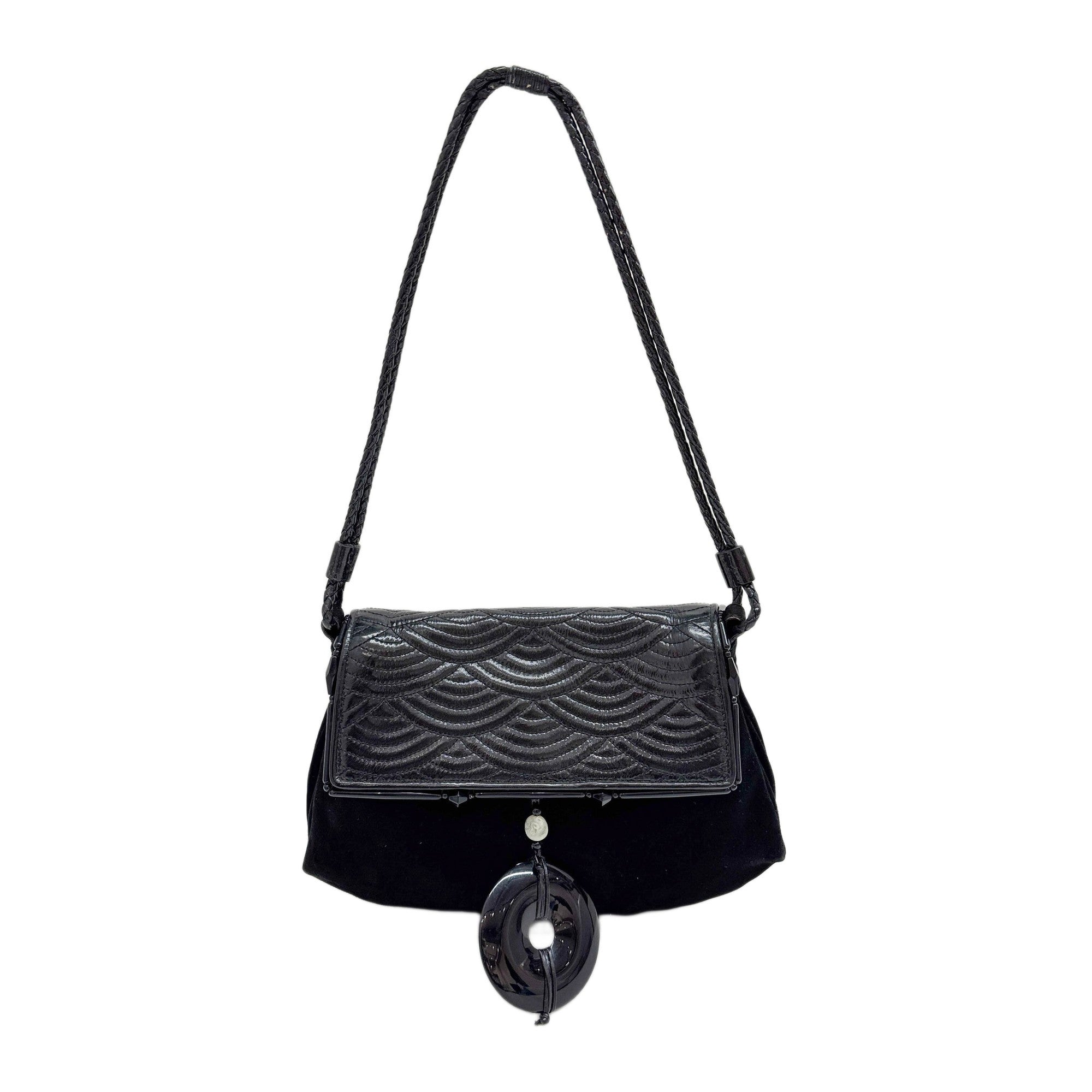 Black Suede with Leather Flap Shoulder Bag