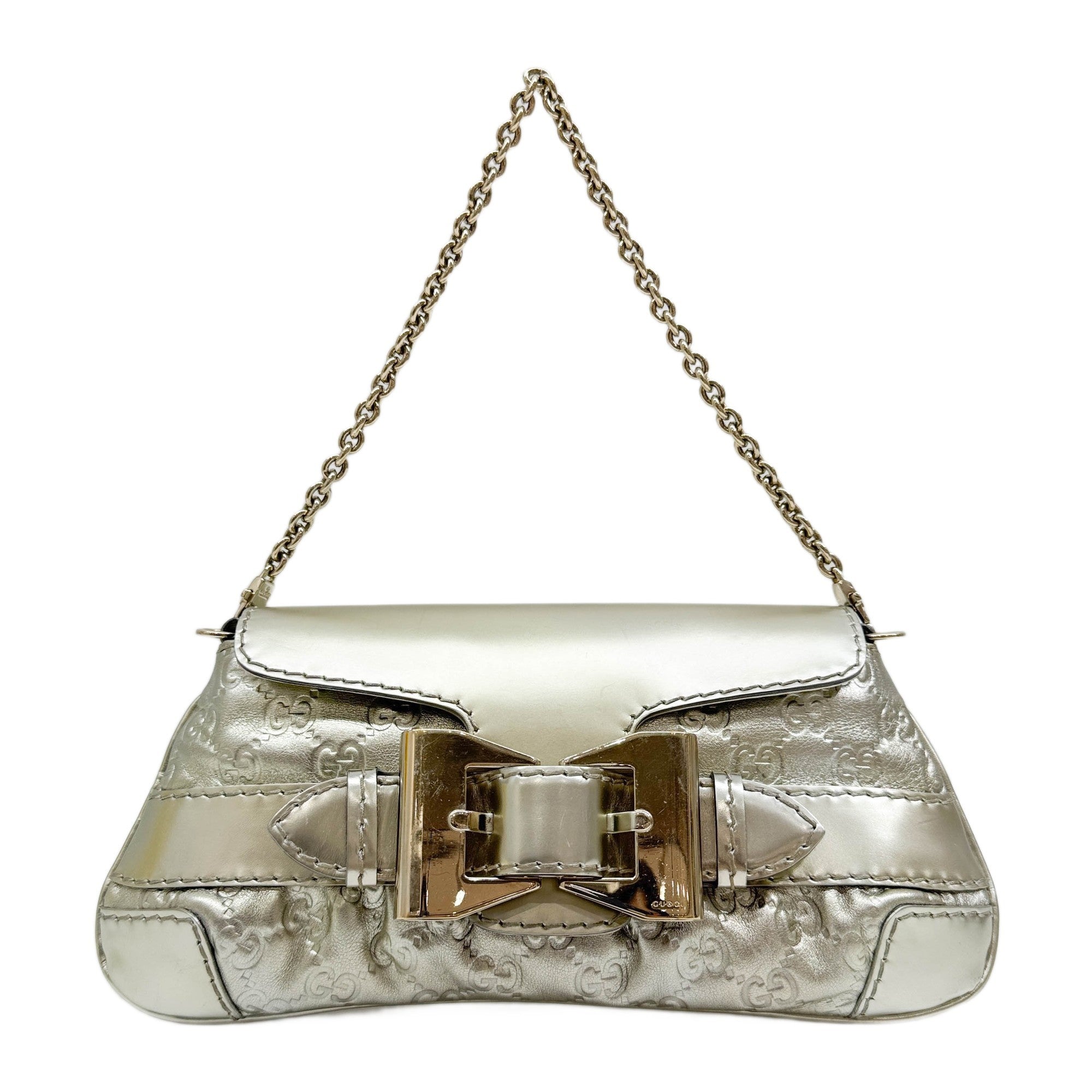 Queen Bow Metallic White Gold Guccissima Leather Shoulder Bag