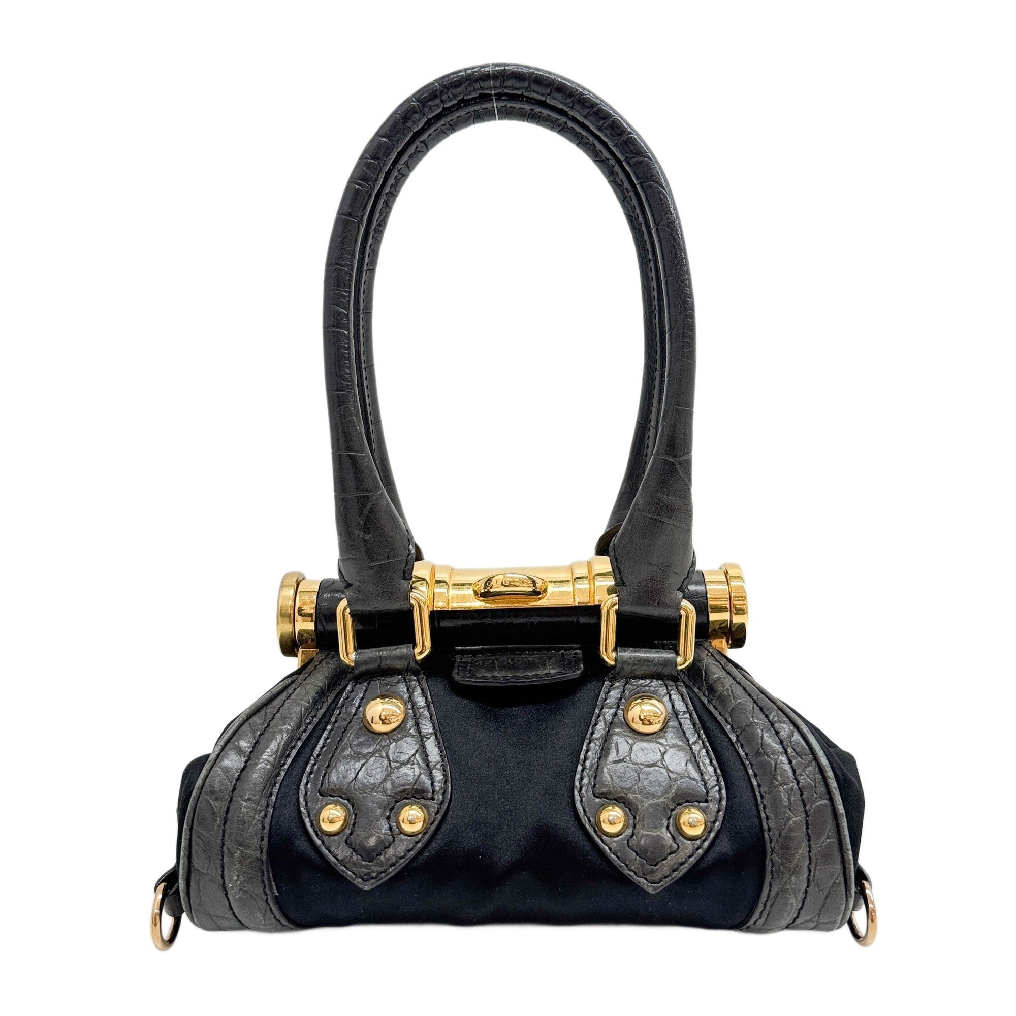 Flip Lock Black Crocodile Embossed Leather Trim & Satin Shoulder Bag