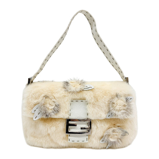 Baguette Off-white Fur with Rose Details Shoulder Bag