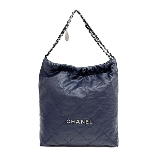 Chanel 22 2021-2026 Matelasse Navy Blue Leather Shoulder Bag