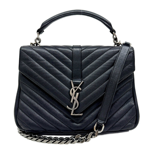 College Black Leather with Silver Chain Shoulder Bag