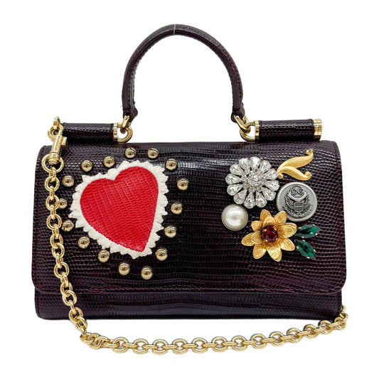 Sicily Von Bag in Red Wine Lizard Leather with Embroidery Details