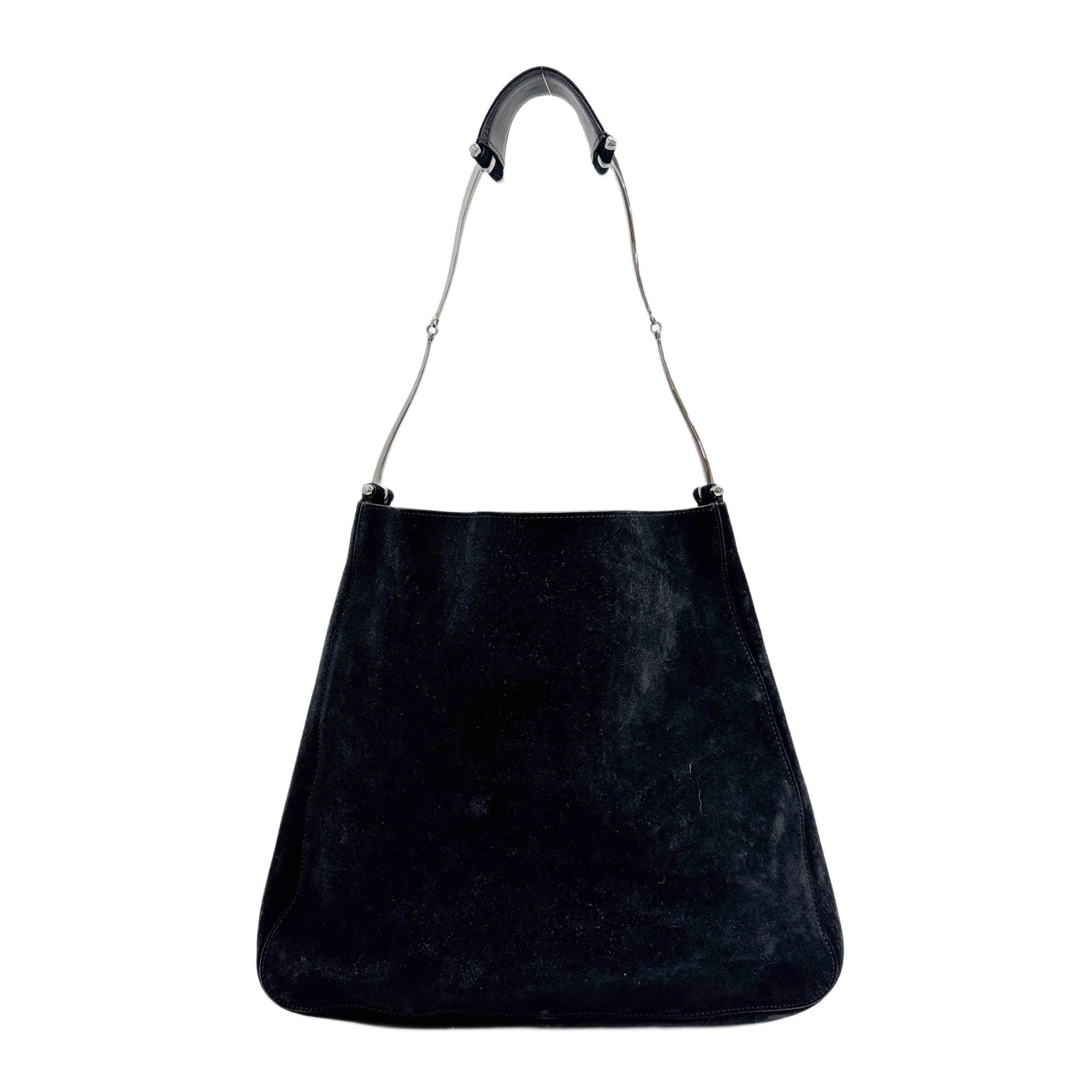 Metal Hinge Handle Black Suede Shoulder Bag