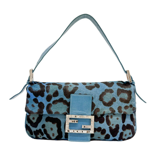 Baguette Blue Leopard Print Pony Hair Shoulder Bag