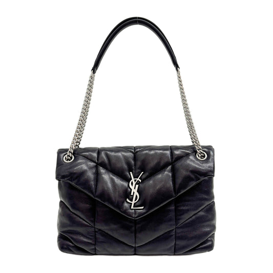 Loulou Calf-skin Black Leather with Silver Chain Shoulder Bag