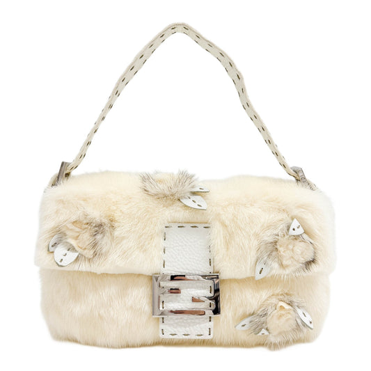 Baguette Off-white Fur with Rose Details Shoulder Bag