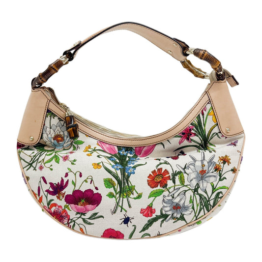 Bamboo Ring White Floral Print Canvas Shoulder Bag