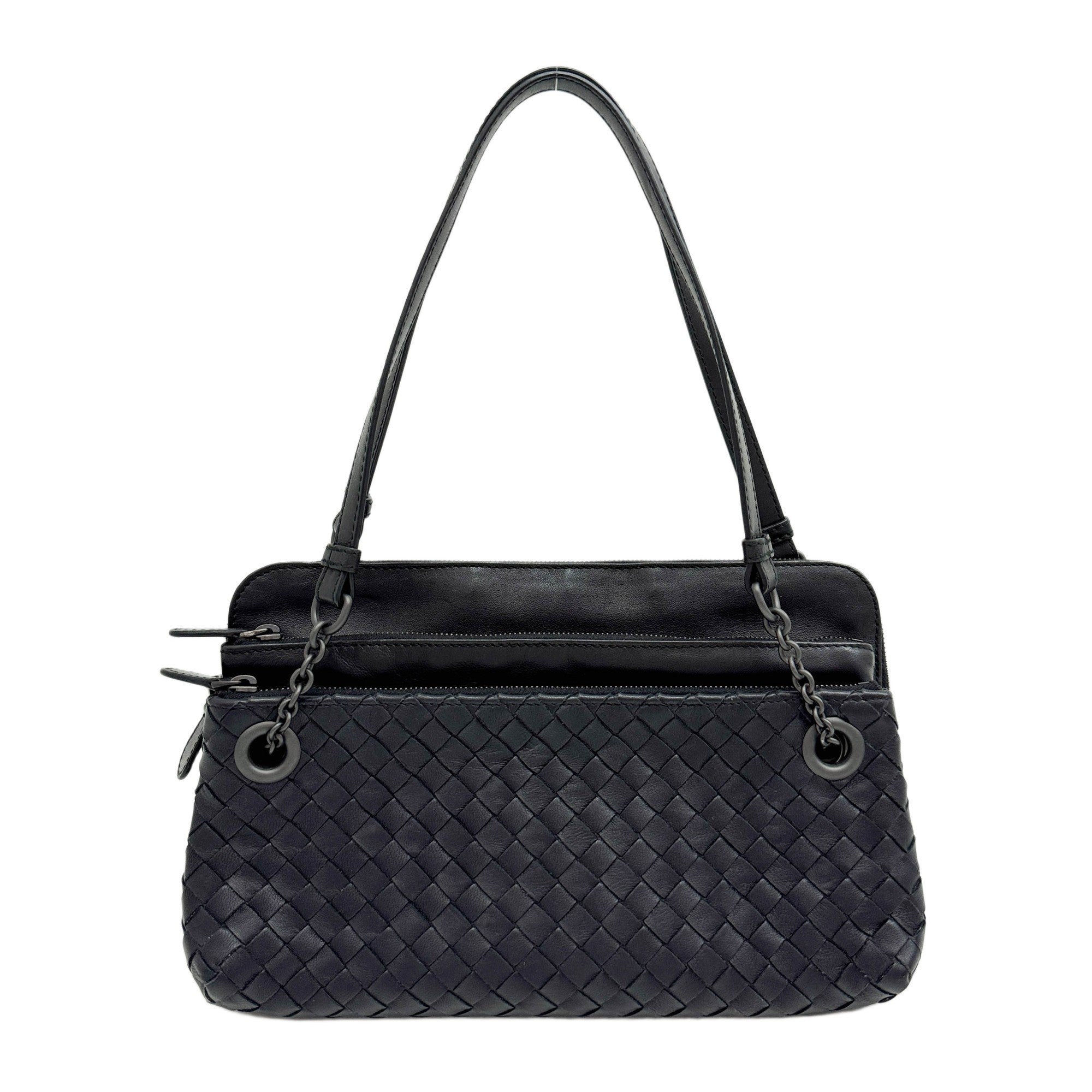 Three-Tiered Black Intrecciato Leather Shoulder Bag
