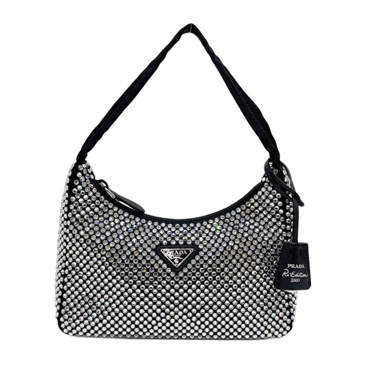 Mini Re-Edition 2000 Fully Rhinestone Embellished Black Satin Shoulder Bag