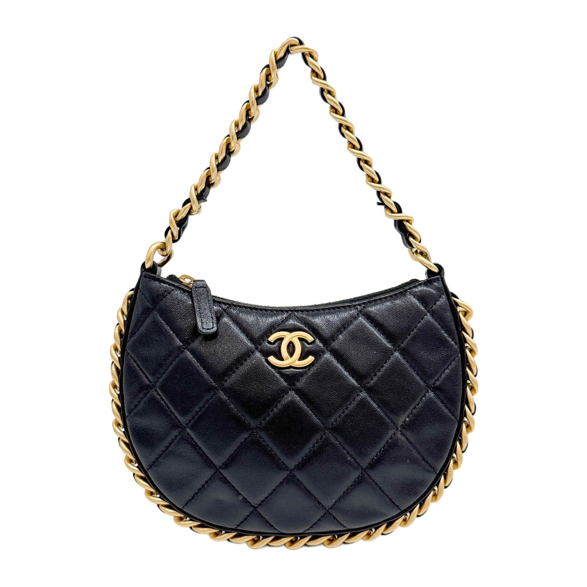 Gold Chain Lining Black Matelasse Leather Handle Bag