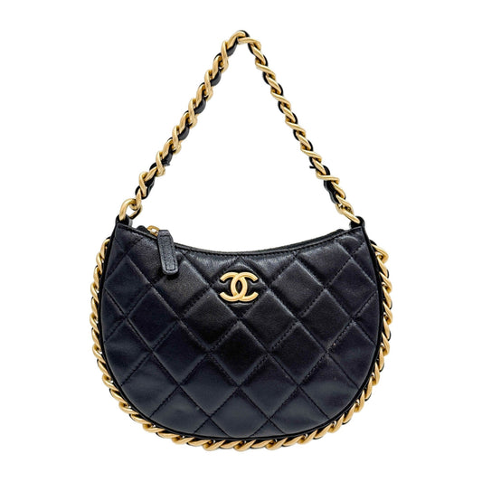 Gold Chain Lining Black Matelasse Leather Handle Bag