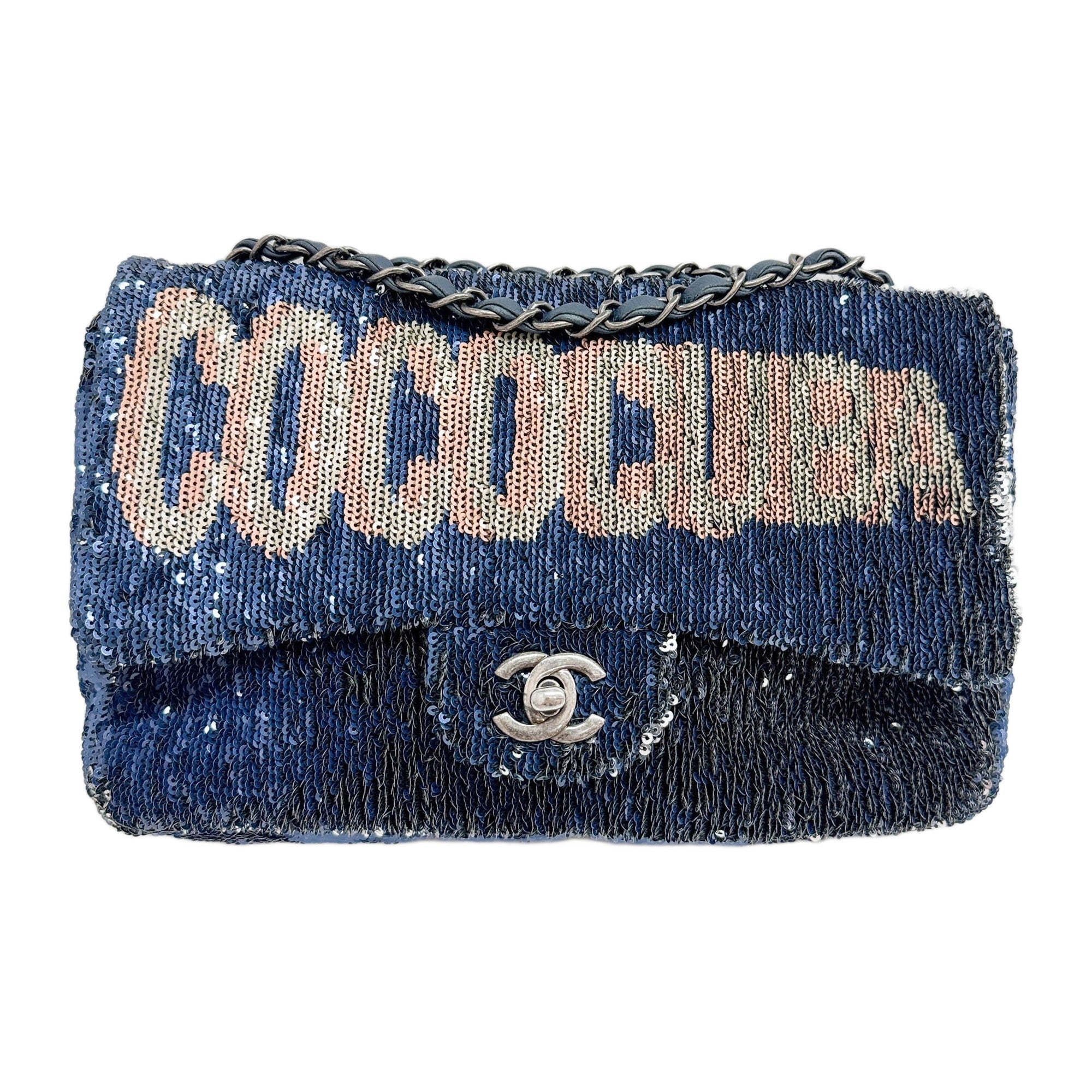Classic Flap "Cuba" 2017 Blue and Silver Reversible Sequin Shoulder Bag