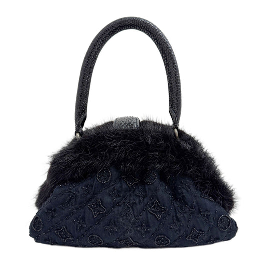 Beaded Monogram Fur Rim Black Cotton Hand Bag