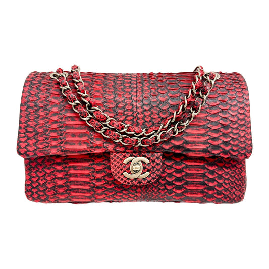 Classic Double Flap 2009 Red Python Embossed Leather Shoulder Bag
