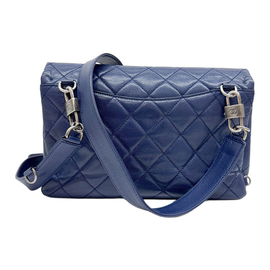 Large 2015 Double Carry with Detachable Chain Blue Quilted Goatskin Crossbody Bag