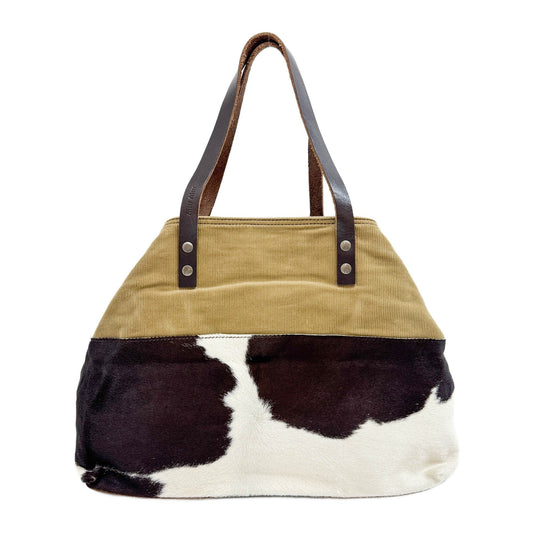 Brown Cow Print Pony Hair and Corduroy Tote Bag