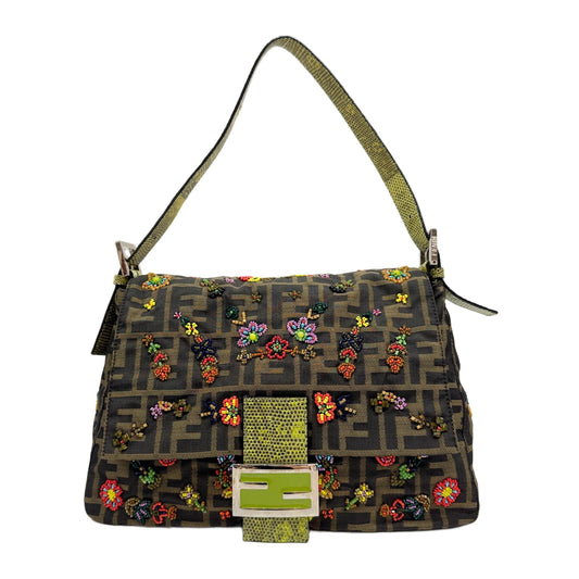 Mamma Baguette Embroidered Bead Flower Design Brown Zucca Canvas Shoulder Bag