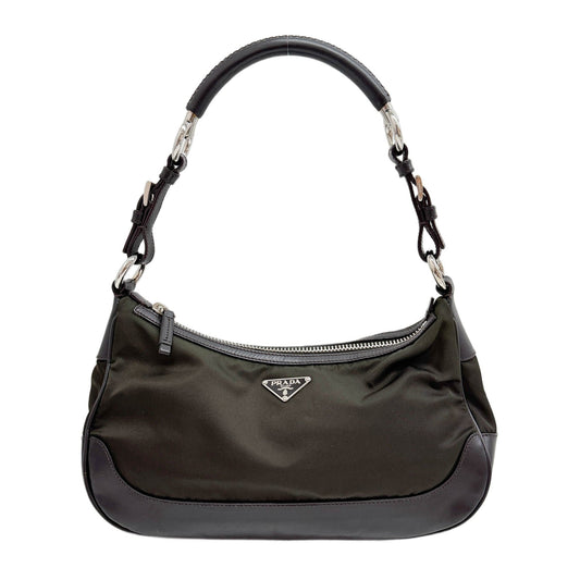 Olive green Nylon & Brown Leather Shoulder Bag