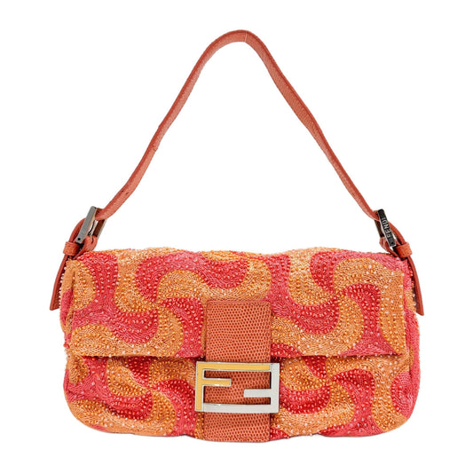Baguette Beaded Orange & Pink Swirl Polyester Shoulder Bag