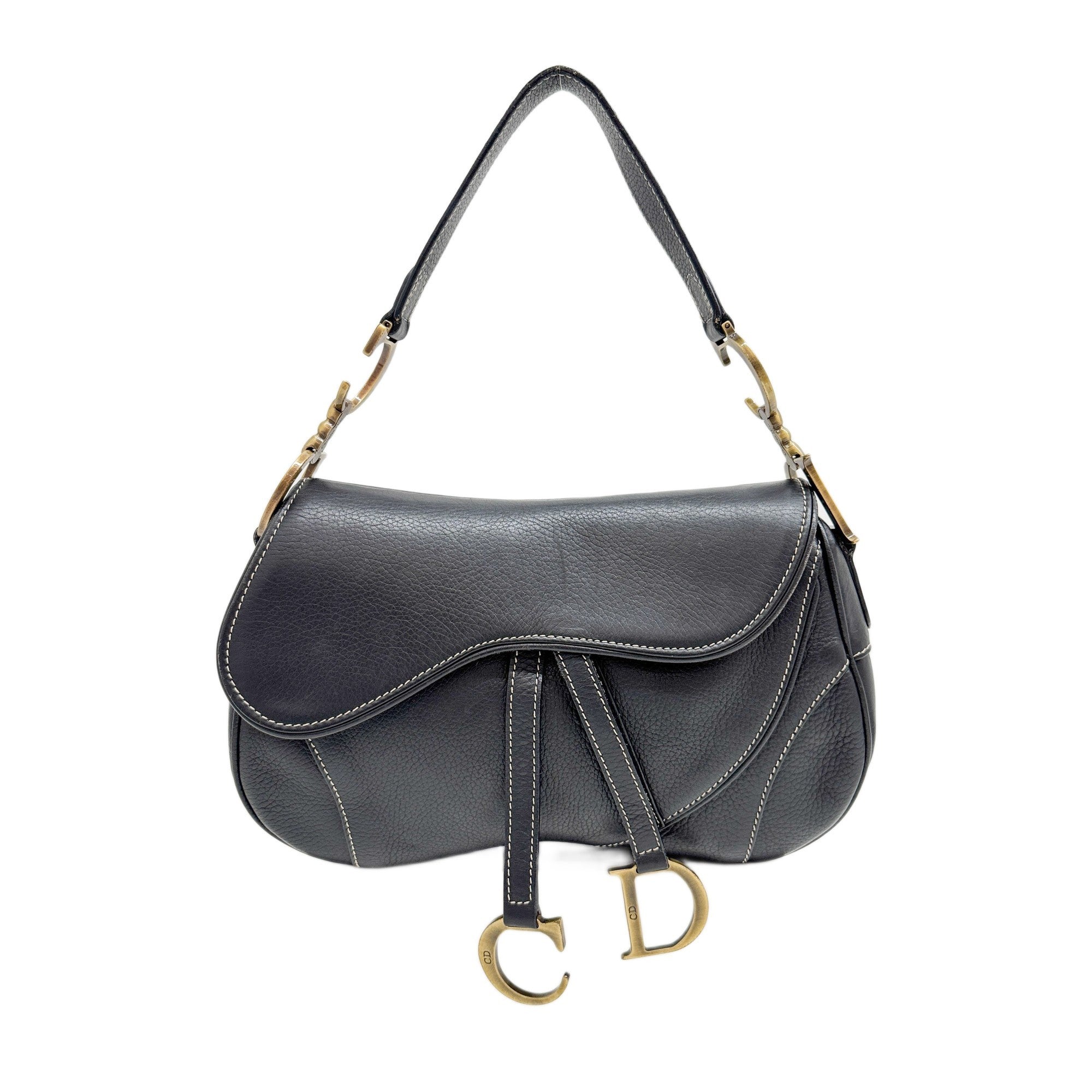 Double Saddle Black Leather Shoulder Bag