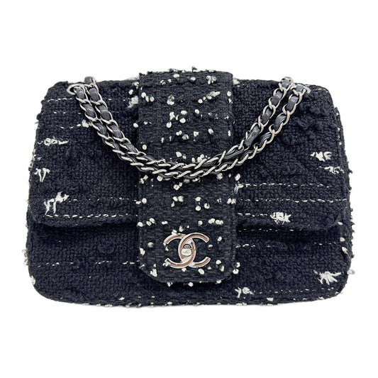 2015-2016 Black & White Tweed Double Chain Shoulder Bag