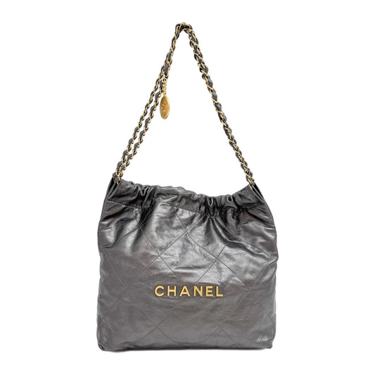 Chanel 22 2021-2026 Matelasse Metallic Gray Leather Shoulder Bag