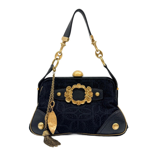 Leather Frame Clasp Black Cotton Shoulder Bag
