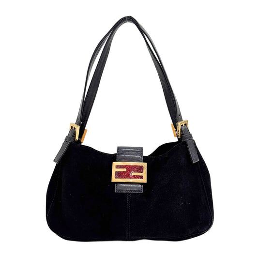 Black Suede with Red and Gold Buckle Shoulder Bag