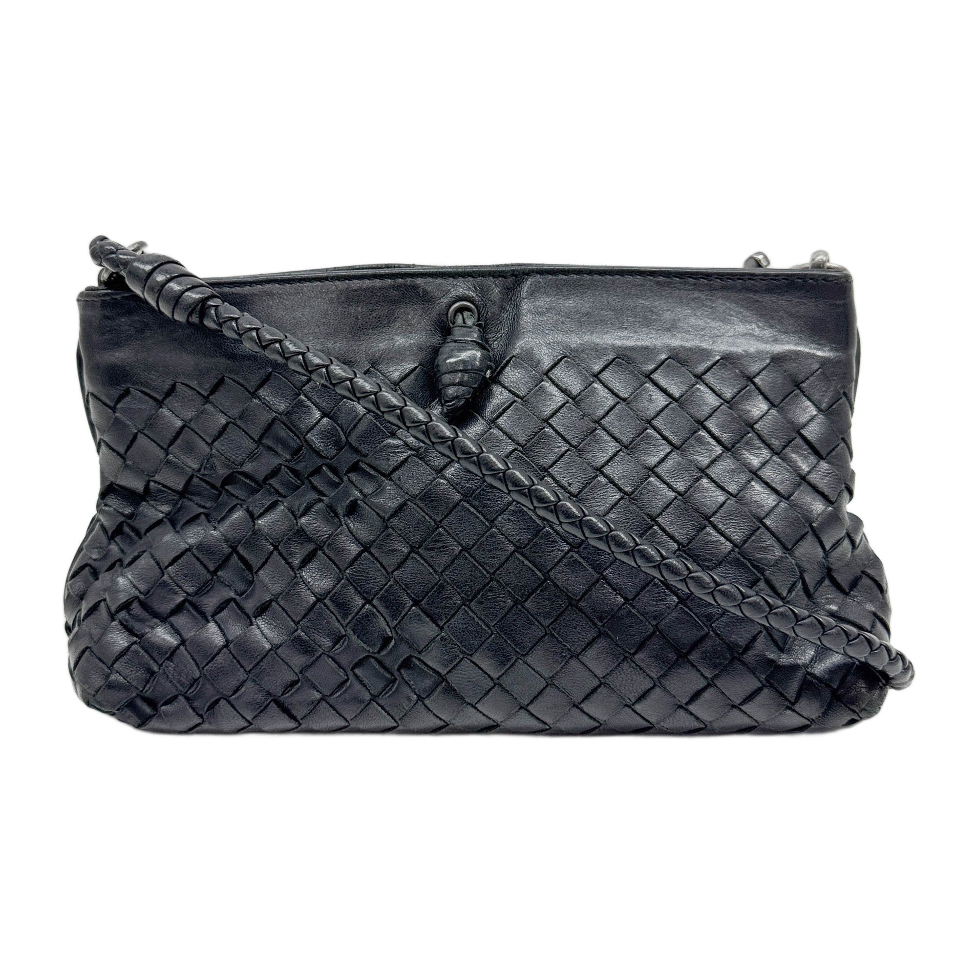 Intrecciato Black Leather Shoulder Bag